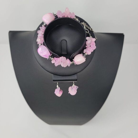 Natural Gem 2pc Set Pink Quartz Drop Earrings Pierced Bracelet Love Healing Gift - Picture 16 of 16
